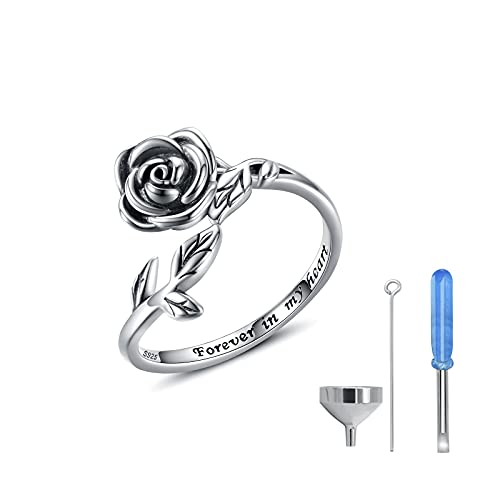 Rose Cremation Urn Jewelry for Ashes - 925 Sterling Silver Memorial Keepsake Ring Bracelet Necklace Gift for Women, Bereavement Gift for A Loss Of the Loved One - style: ring 1