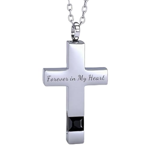 Cross Urn Necklace for Ashes Birthstone Cremation Jewelry Keepsake Pendant for Women Men with Funnel Filler Kit Memorial Gifts for Human Pet Forever in my heart - color: Silver Black