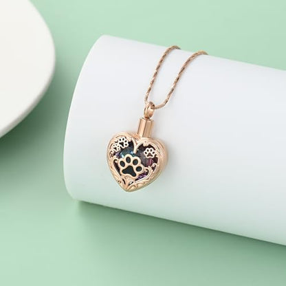 Yinplsmemory Pet Urn Necklace Pendant Jewelry for Dog Cat Memorial Crystal Heart Cremation Jewelry with Paw Print Ashes Keepsake Funeral Jewelry - color: Rose gold-purple