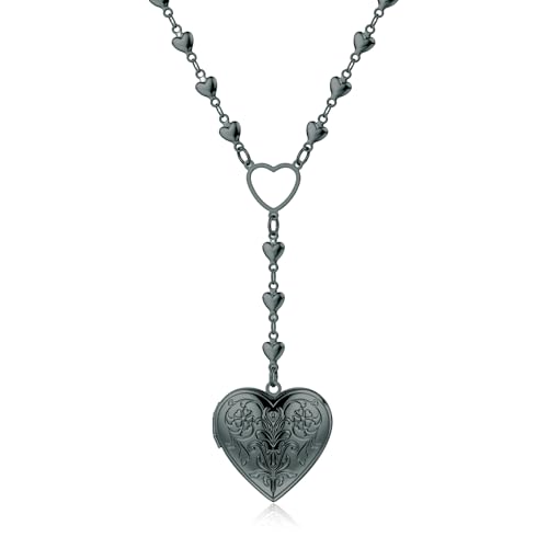 Personalized Heart Locket Necklace for Women Stainless Steel- Heart Necklace - color: Black-E