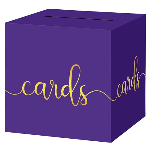 Hooqict Purple Card Box with Slot 9.1" Gold Foil Gift Card Box for Party, Graduation, Wedding Reception, Birthday, Retirement, Raffle Ticket Money Envelope Holder - color: Purple Gold