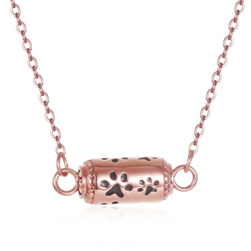 Pet Cremation Jewelry Stainless Steel Paw Print Tube Urn Necklace For Cat Dog Ashes Necklace For Women Keepsake With Filling Kits - color: Rose Gold Necklace