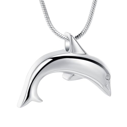 Minicremation Dolphin Shape Cremation Jewelry Necklace for Ashes Stainless Steel Ashes Holder Memorial Jewelry Keepsake Urn Pendant +fill kit - color: Silver