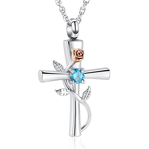 shajwo Cross Urn Necklace for Ashes Birthstone Rose Flower Cremation Jewelry for Women Gilrs Keepsake Memorial Ashes Pendant - color: Light Blue