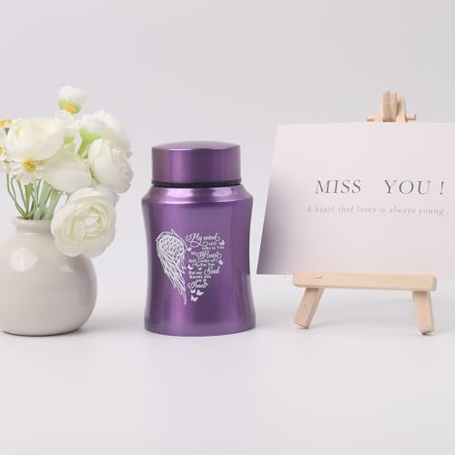 4.5 Inches Small Keepsake Urn for Human Ashes - Heart Wing Pattern Memorial Container - Stainless Steel Mini Cremation Urn - size: Wing-Purple
