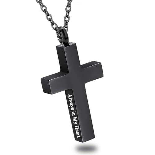 Cross Urn Necklace for Ashes for Men Women Cremation Jewelry Urns Locket Pendant Ashes Holder Memorial Jewelry-Always in My Heart - color: Black