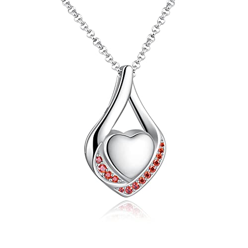 Cremation Jewelry 925 Sterling Silver Teardrop Urn Necklace for Ashes Heart Shape Memorial Keepsake Pendant for Human Ashes for Women Gift - color: O White Gold - Red CZ