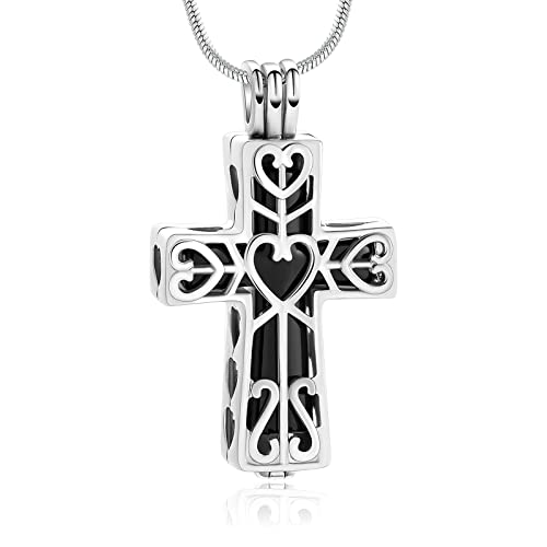 Crystal Cross Necklace for Ashes Stainless Steel Keepsake Cremation Jewelry Religious Cross Memorial Urn Necklace for Pet Human Ashes Gifts - color: S-Black