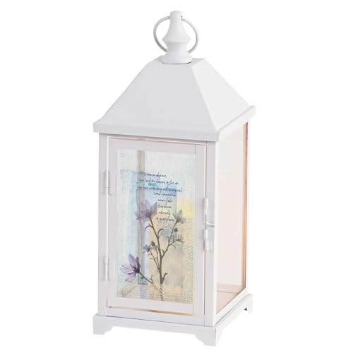 Magnolia Garden 14 Inch Crisp White Metal Bereavement Lantern – LED Candle Home Decor – Soft Floral Design – “Even in Absence, Your Laughter Dances in The Air - size: 5.25 x 5.25 x 14, style: Even In Absence Your
