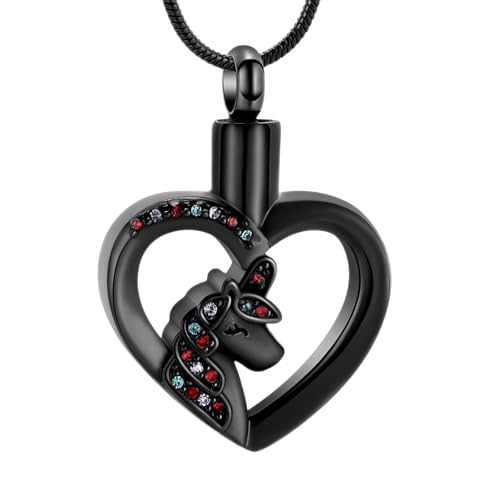 Unicorn Heart Urn Necklace for Ashes Cremation Jewelry for Women Men Stainless Steel Memorial Necklaces Ash Holder for Human Pets Keepsake Jewelry for Loved Ones with Fill Tool - color: Black