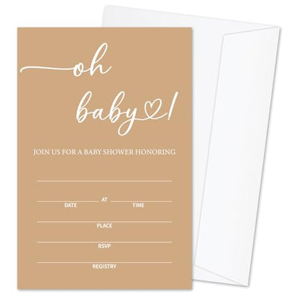 Oh Baby! Brown Baby Shower Invitations for Boys Girls, Minimalism Invite Cards for Baby Announcement, 25 Set of Fill-in Invites with Envelopes, Gender Reveal Party Supplies -B13 - color: Brown-Oh Baby