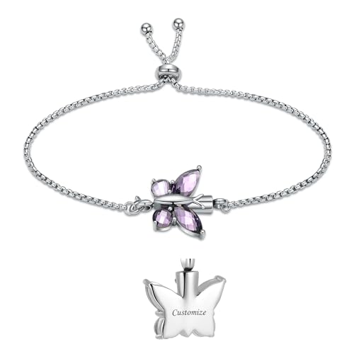 constantlife Crystal Butterfly Cremation Bracelet for Ashes for Women Stainless Steel Pendant Urn Keepsake Adjustable Wristband Bangle Memorial Jewelry Gift - color: Customize