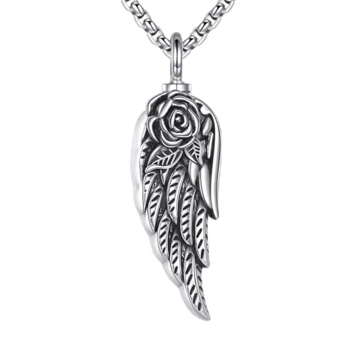 VONALA 925 Sterling Silver Wing Urn Necklace for Ashes Necklace Rose Flower Angel Wing Cremation Jewelry Memory