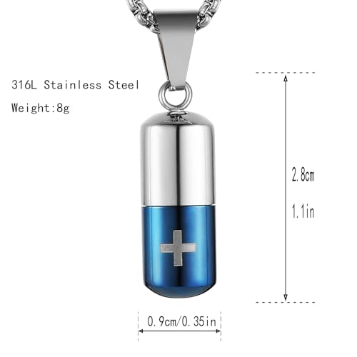 STWTR Stainless Steel Cylindrical Souvenir Capsule Pill Pendant Necklace, Cremated Ashes Pill Container Necklace - color: Blue