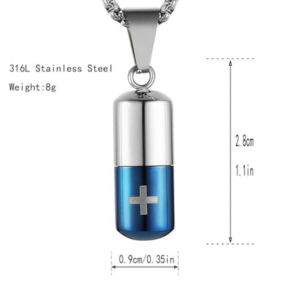 STWTR Stainless Steel Cylindrical Souvenir Capsule Pill Pendant Necklace, Cremated Ashes Pill Container Necklace - color: Blue