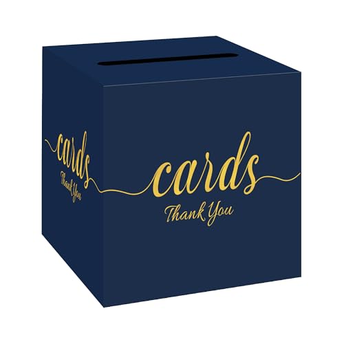 Wedding Card Box with Slot Navy Blue Gold 7.8 in Baby Shower Party | Graduation, Birthday, Bridal Shower, Wedding Reception, Holds Cards & Envelopes, Gift Cards, Easy Assembly, Folds Flat - color: BlueGoldThanks