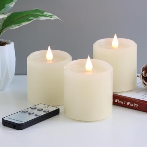 Flameless Candles with Timer, Flickering LED Candles Battery Operated with Remote, 3D Moving Flame, Real Wax 3" x 3" Electric Fake Candle for Home Party Decorations, 3 Pack - size: 3"x3"-3 Pack