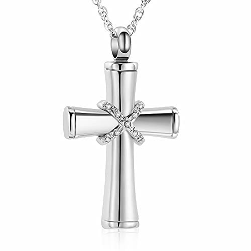 shajwo Cremation Jewelry Cross Urn Necklaces for Ashes for Women Men Urn Pendant Memorial Keepsake Ash Holder - color: 4-Silver-Crystals