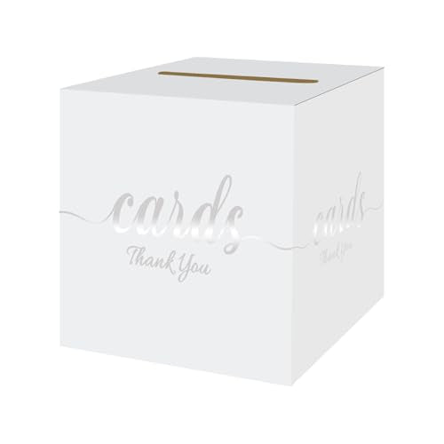 White and Silver Card Box for Party Graduation, Wedding, Baby Bridal Shower, Birthday, Funeral, 7.8 x 7.8 x 7.8 In Gift Card Holder Card Box for Reception Raffle Voting Ballot Box with Slot - color: WhiteSilverTks