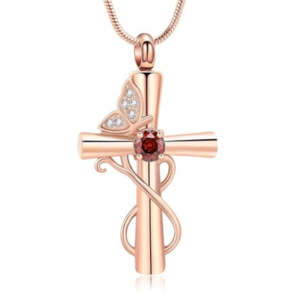 Butterfly Cross Cremation Jewelry Urn Necklaces Cross Butterfly Urn Necklaces for Ashes Memorial Keepsake Pendant for Women Men Gifts With Funnel Kit & Bag - color: Rose+Red