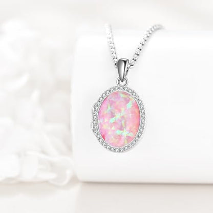 ONEFINITY Locket Necklace Photo Necklace Memorial Jewelry Gifts for Women Mom Wife - color: Pink Opal