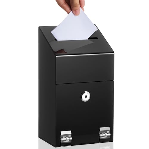 Juexica Acrylic Donation Box 10.2" x 5.6" x 4" Suggestion Raffle Box Tip Jar with Lock and Slot Wall Mount Safe Key Drop Ballot Fundraising for Home Office Vote(Black) - color: Black