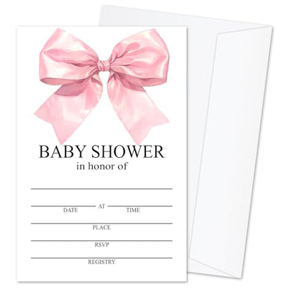 Pink Bow Baby Shower Invitations for Girls, Baby Announcement Invite Cards,25 Sets of Fill-in Baby Shower Invite with Envelopes, Gender Reveal Party Supplies -B02 - color: Pink Bow-01