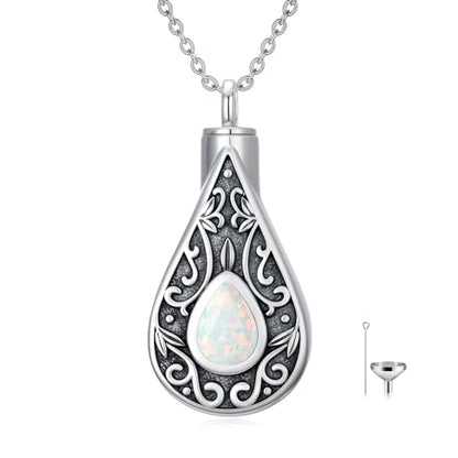 Teardrop Urn Necklace for Ashes Filigree Birthstone Keepsake Pendant Cremation Jewelry for Ashes Memorial Jewelry Gifts for Loss of a Loved One for Women - style: Oct-Opal