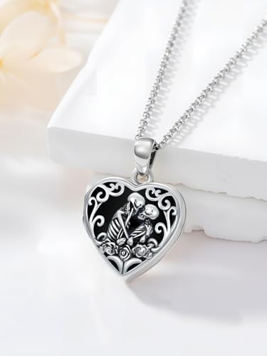 Personalized Heart Locket Necklace That Holds Pictures 925 Sterling Silver Custom Photo Lockets Necklaces Jewelry Gifts for Family Women Lover - color: Skull-Black onyx, style: Locket Only
