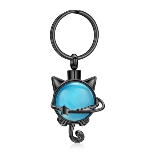 XSMZB Pet Cremation Ashes Jewelry Moonstone Cat Urn Necklace for Ashes for Women Men Lovely Cat Memorial Urn Locket Keepsake Pendant Gift - color: Black Keychain