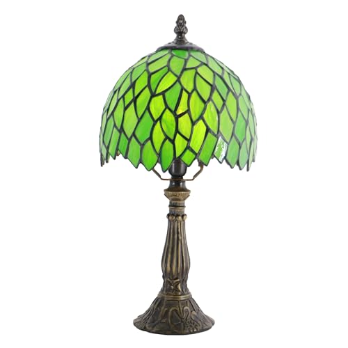 Tiffany Table Lamp Stained Glass Bedside Accent Light 8X8X14.5 inch | Green Wisteria Style Stained Glass Memory Sympathy Light Push Button Switch Vintage Resin Base Decor For Bedroom Living Room - color: Green Wisteria