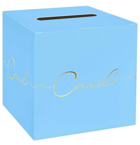 HEIPINIUYE Light Blue Wedding Card Box with Gold Foil 9.8" x 9.8" Blue Large Gift Card Box for Party Wedding Reception Graduation Birthday Baby Shower Cardboard Raffle Envelope Box with Slot - color: Light Blue Card Box with Gold Foil