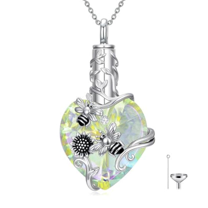 JKR Heart Urn Necklace for Ashes Crystal Keepsake Pendant Memorial Jewelry - style: Bee-White Crystal
