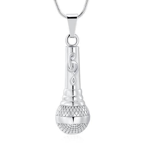 Microphone Urn Necklaces for Ashes Music Cremation Jewelry for Women Men Stainless Steel Memorial Necklace Ash Holder for Human Pets Keepsake Jewelry for Music Lover Ashes with Fill Tool - color: Sliver