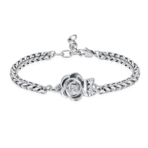 Minicremation Women's Adjustable Rose Urn Bracelet Ashes Holder Memorial Elegant Link Chain Keepsake Cremation Bangle to Hold Ashes - color: Silver-A