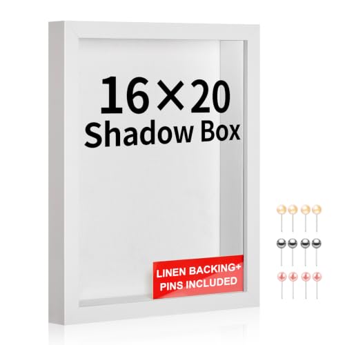 16x20 Large Shadow Box Frame with Thickened Acrylic Panel & Pins | With Linen Back, Upgraded 1.7" Deep White Shadow Box Display Case – Display on Tabletop or Wall for Jersey,weddings, Keepsake - color: White + Thickened Panel + Foam Packaging, size: 16x20