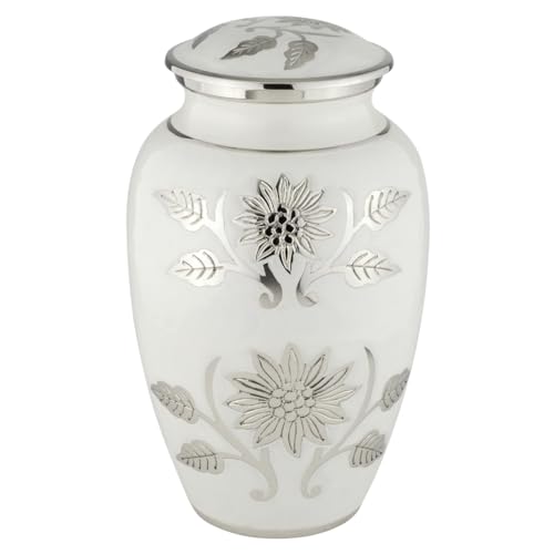 Grace White Cremation Urn for Ashes, Brass, White and Silver Urn, Adult Sized Cremation Urn, 10.25 Inches High - color: White