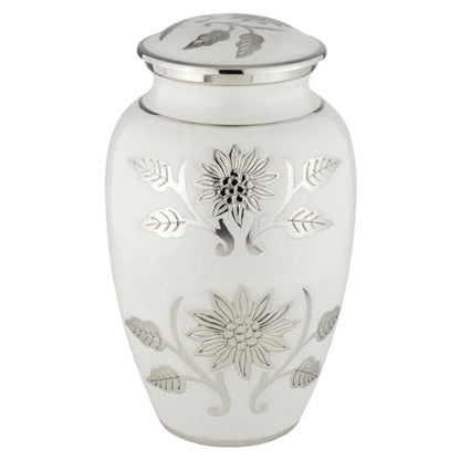 Grace White Cremation Urn for Ashes, Brass, White and Silver Urn, Adult Sized Cremation Urn, 10.25 Inches High - color: White