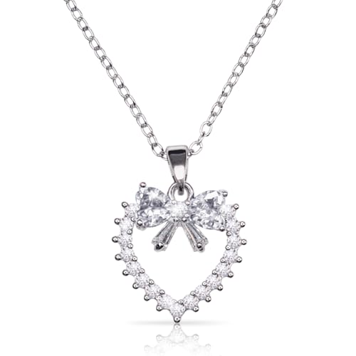 Bow Heart Pendent Pendant Necklace for Women White Crystal Necklace Dainty Silver Plated Necklace Bow Jewelry with Zirconia, Heart Choker Necklaces for Her Gifts - style: White heart