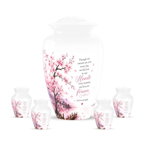 Pink Memorial Urns of Human Ashes - Cherry Blossoms Urn for Ashes for Women | White Memorial Urns for Human Ashes, It is Holds Upto 200 Cubics and 2/3 Tablespoon of Ashes, Set of 10" and 3" Pack of 4 - color: White + Cherry Blossoms Urn, size: Combo Pack