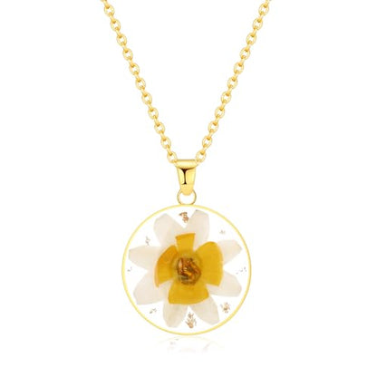 AUNTESIGN Forget-Me-Not and Queen Anne's Lace Pressed Wildflower Necklace | Birth Month Flowers Necklace | Gold/Silver Pressed Flower Jewelry | Mother's Day | Gift For Her - color: Narcissus Necklace(December Birth Flowers)