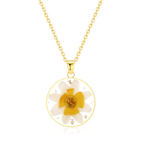 AUNTESIGN Forget-Me-Not and Queen Anne's Lace Pressed Wildflower Necklace | Birth Month Flowers Necklace | Gold/Silver Pressed Flower Jewelry | Mother's Day | Gift For Her - color: Narcissus Necklace(December Birth Flowers)