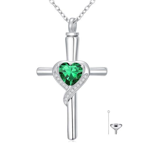 TOUPOP Cross Urn Necklaces for Ashes Birthstone Cremation Jewelry 925 Sterling Silver Cross Memorial Keepsake Funeral Jewelry for Women (with Funnel Filler) - color: 05-May-Emerald