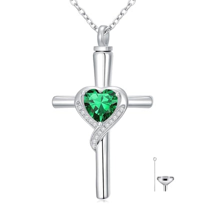 TOUPOP Cross Urn Necklaces for Ashes Birthstone Cremation Jewelry 925 Sterling Silver Cross Memorial Keepsake Funeral Jewelry for Women (with Funnel Filler) - color: 05-May-Emerald