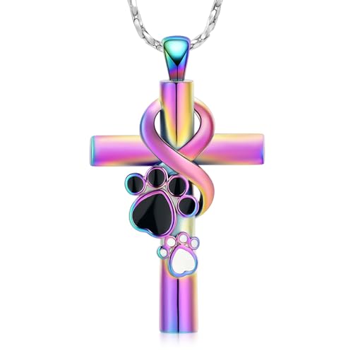 Cross Urn Necklace for Ashes Pet Paw Cremation Jewelry Ashes Necklace for Dog/Cat Paw Print Memorial Locket for Women Men - color: Rainbow