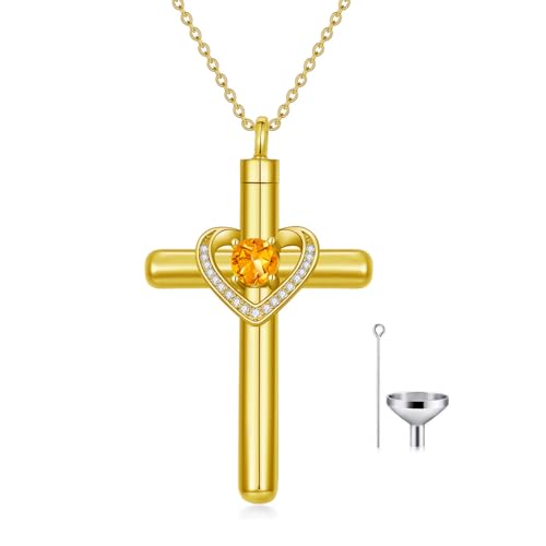 AOBOCO Cross Necklace for Ashes, Sterling Silver Birthstone Cross Urn Necklaces for Ashes Embellished with Crystals from Austria Keepsake Cremation Jewelry for Pet Human Ashes - color: 11-topaz-Nov-18k Gold-Plated