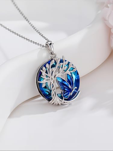 TOUPOP Butterfly Necklace for Women 925 Sterling Silver Tree of Life Butterflies Dragonfly Hummingbird Pendant Necklaces Crystal Jewelry Anniversary Christmas Birthday Gift for Her - color: Butterfly Blue