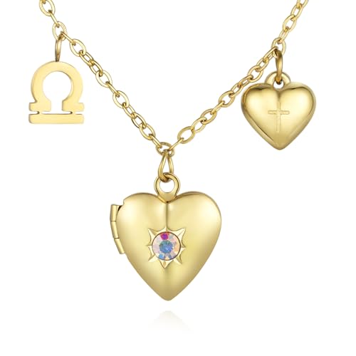 18K Gold Photo Lockets that Hold Picture,Heart Locket Necklace,Zodiac Symbol with Cross Heart Pendant,Locket Necklace for Women,Chain 20 Inch,Perfect Christmas Thanksgiving Gift for Her - color: Libra (23/9-23/10)