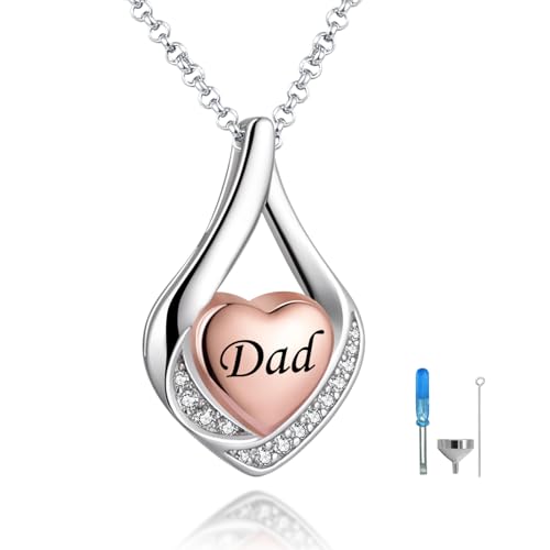Cremation Jewelry 925 Sterling Silver Teardrop Urn Necklace for Ashes Heart Shape Memorial Keepsake Pendant for Human Ashes for Women Gift - color: B Rose Gold - Dad