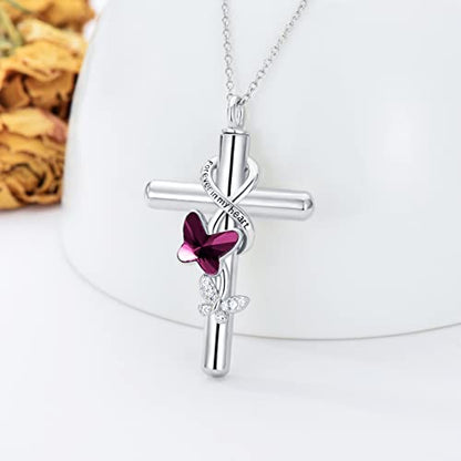 Cross Urn Necklace for Ashes 925 Sterling Silver Cremation Jewelry with Funnel Filler Kit Ashes Necklace for Human Women Girl Pets - color: A_Purple Butterfly Urn Necklace, style: Non-personalized
